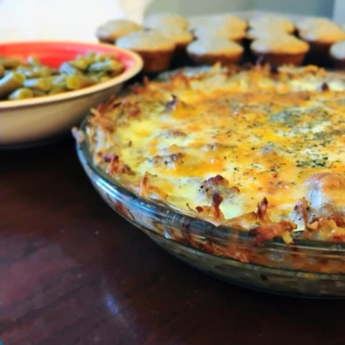 Meat and Potato Crust Quiche with Flax Muffins ($10 Family Meat and Potato Crust Quiche with Flax Muffins ($10 Family Dinner Idea)